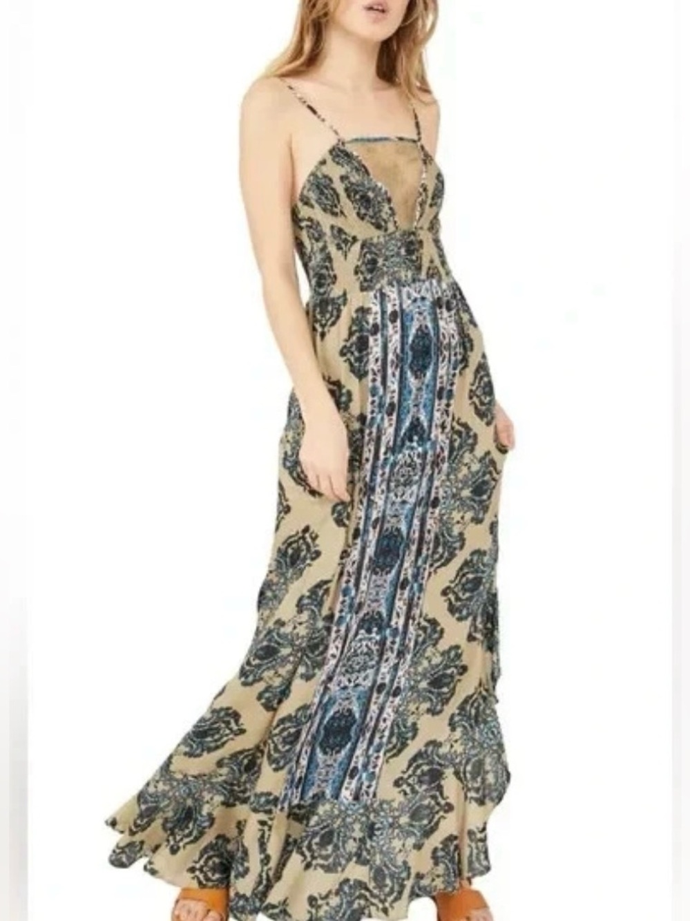 Free people women’s small that moment maxi dress smock top sheer lace panel boho